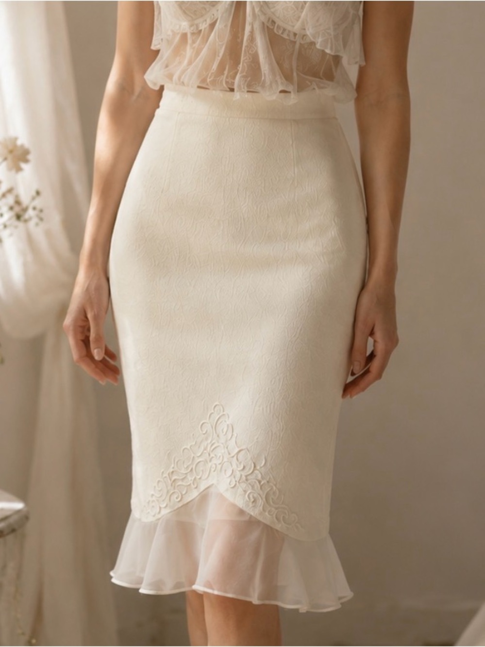 Vintage Plaza South Ivory Embroidered Chiffon Hem Skirt Y2K Ethereal Coquette 8